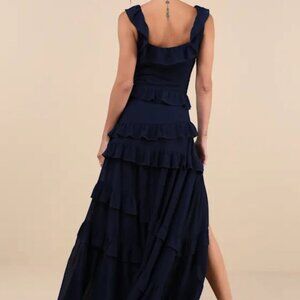 Lulus Compelling Romantic Ruffled Tiered Maxi Dress, Size L in Dark Blue